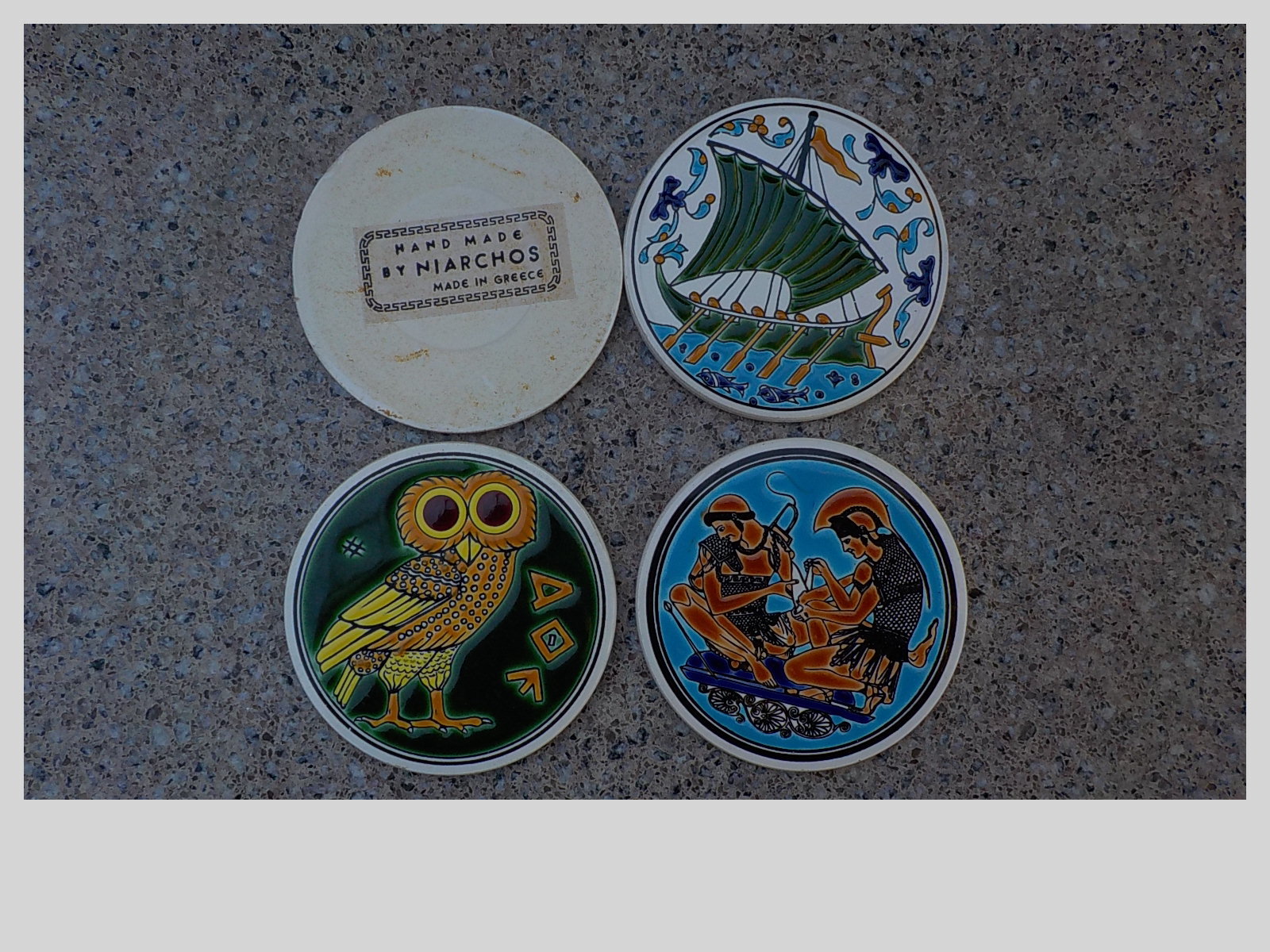 VINTAGE ANCIENT GREEK DESIGN CERAMIC COASTERS Owl Ship Mythology set 4