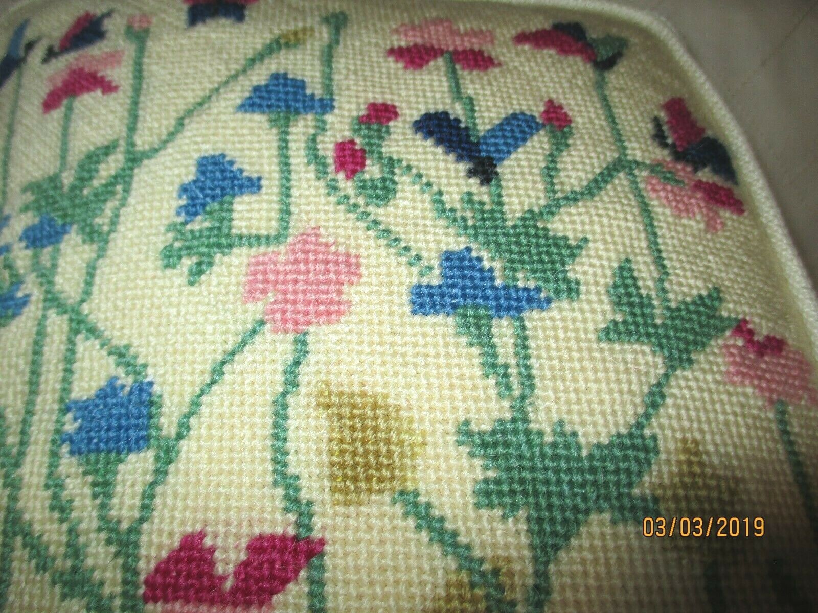 Vintage Floral Needlepoint Wool Embroidered Throw Pillow; Linen  9
