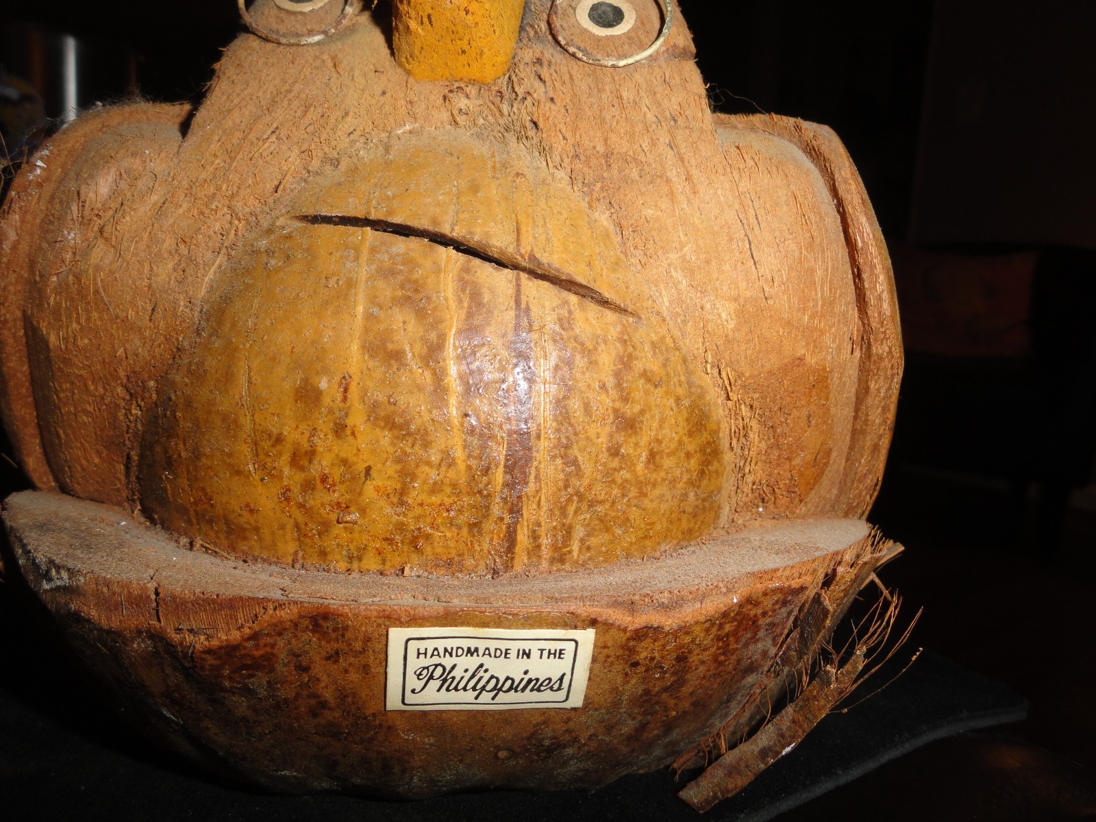 Large Old Vintage Handmade Carved Coconut Owl Head made in Philippines glasses