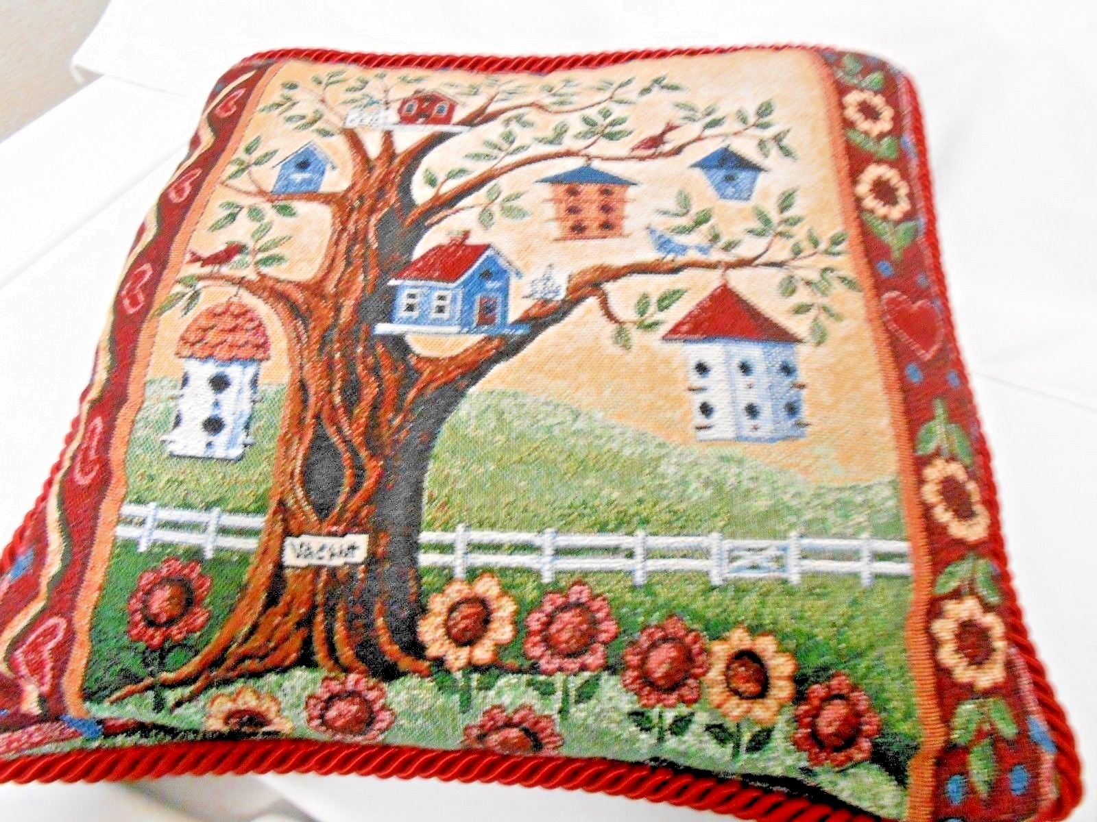 BEAUTIFUL! Tapestry CLUBHOUSE BIRD HOUSE Watching Garden Decor Pillow Nice!!