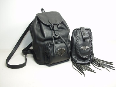 VINTAGE HARLEY DAVIDSON MINI BLACK LEATHER BACKPACK W/ MINI TASSEL ZIP BAG. EX/C