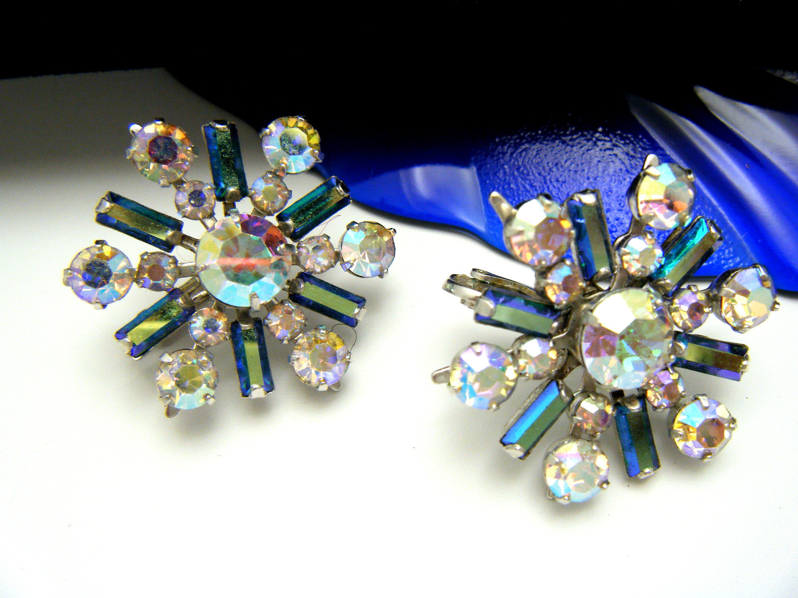 Stunning Vendome AB Rhinestone Earrings Baguettes Adjustable Clips Silver Tone