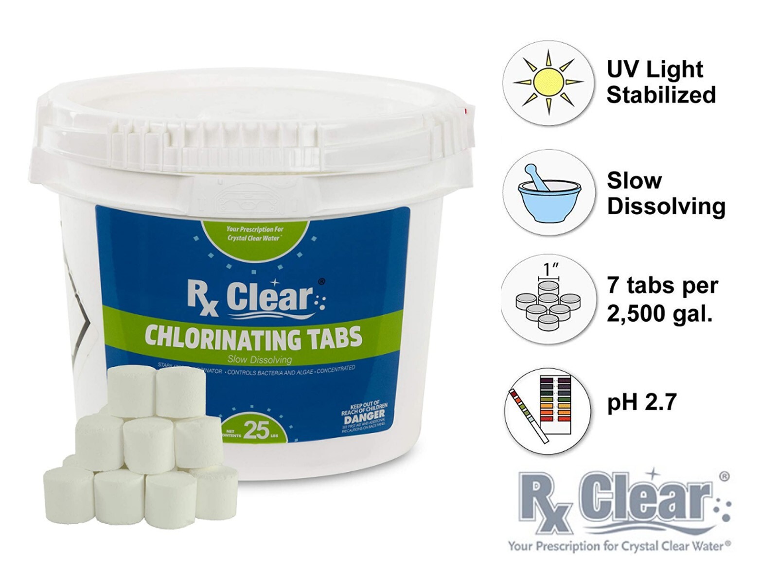 Rx Clear 1" Inch 99% Trichloro Stabilized Swimming Pool Chlorine Tablets- 25 lbs