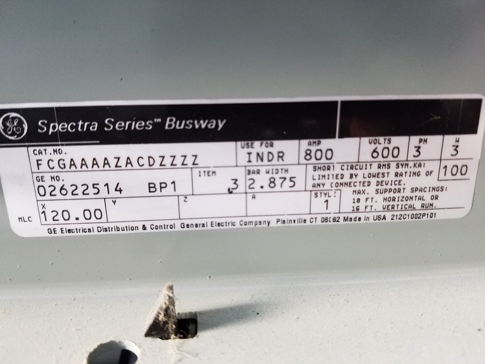 GENERAL ELECTRIC GE Spectra Series P4HA08SLI10 Busway Bus Duct 800amp 600v 10ft