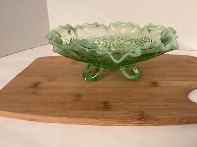 JEFFERSON WHEEL Green Opal SpatFooted 8.25  Early American Pattern Glass Bowl