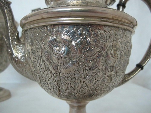 MANCHESTER STERLING COFFEE/TEA SET, REPOUSSE “SOUTHERN ROSE” PATTERN. 3 PIECES