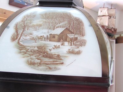 VTG CURRIER & IVES SWAG LAMP 5 GLASS PANEL COPPERTONE FINISH WINTER FARMHOUSE