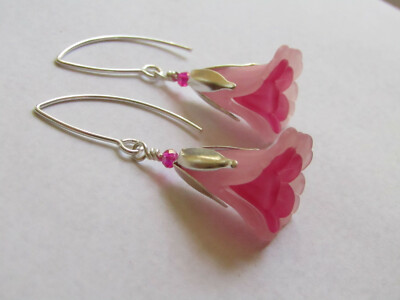 FLOWER EARRINGS Pink Tulip Cala Lily Silver Dangle Earrings USA HANDMADE