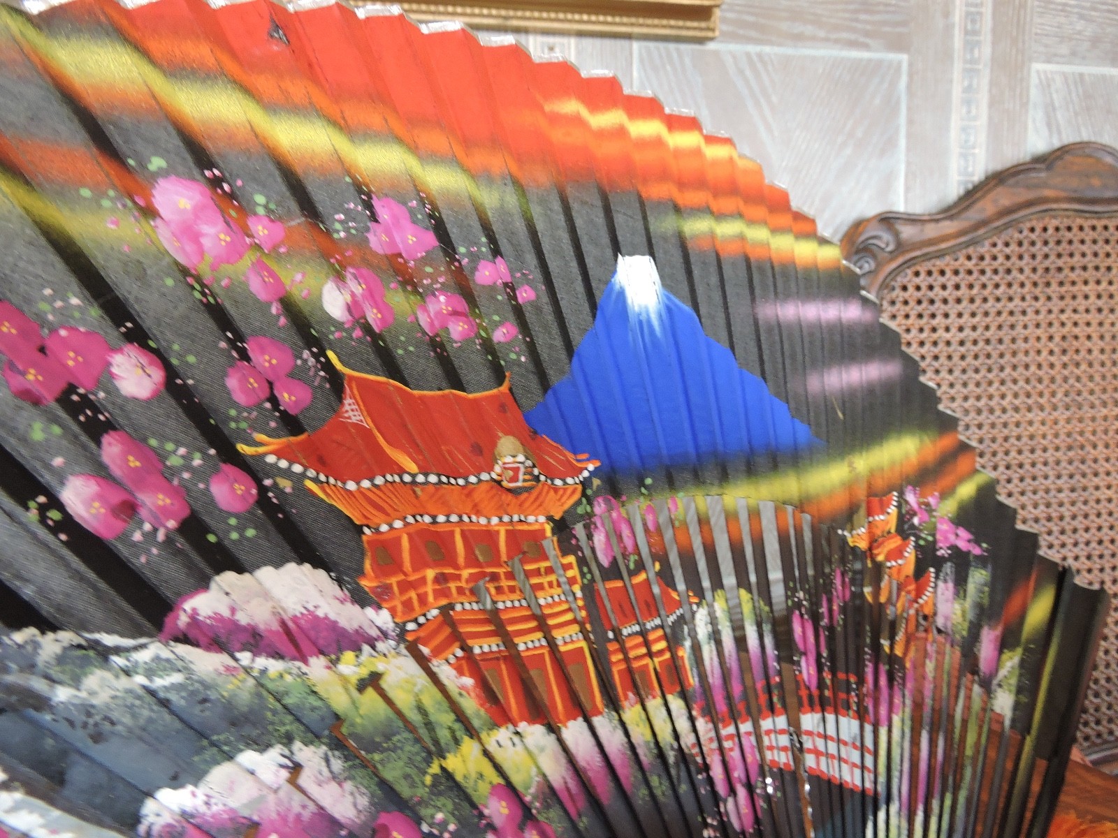 GREAT LARGE ANTIQUE CHINESE Fan Hand Painted Volcano Scene Landscape Blk Lacquer