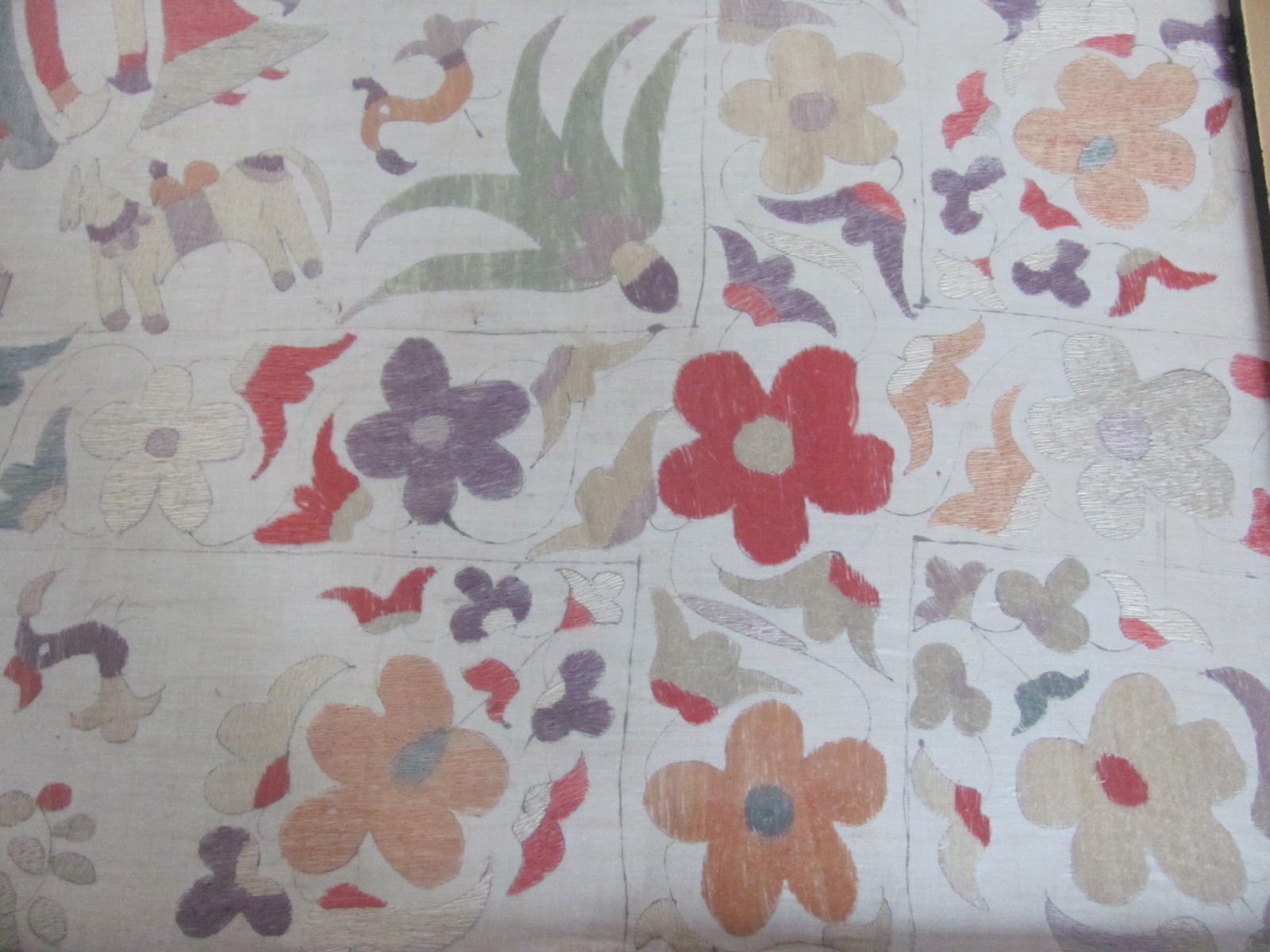 Large Antique Chamba Rumal Silk Embroidery India Krishna Dancing Animal Scene