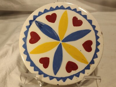 Geometric Glazed Round Folk Tile Wall Hanging Trivet Blue Yellow Red Hearts