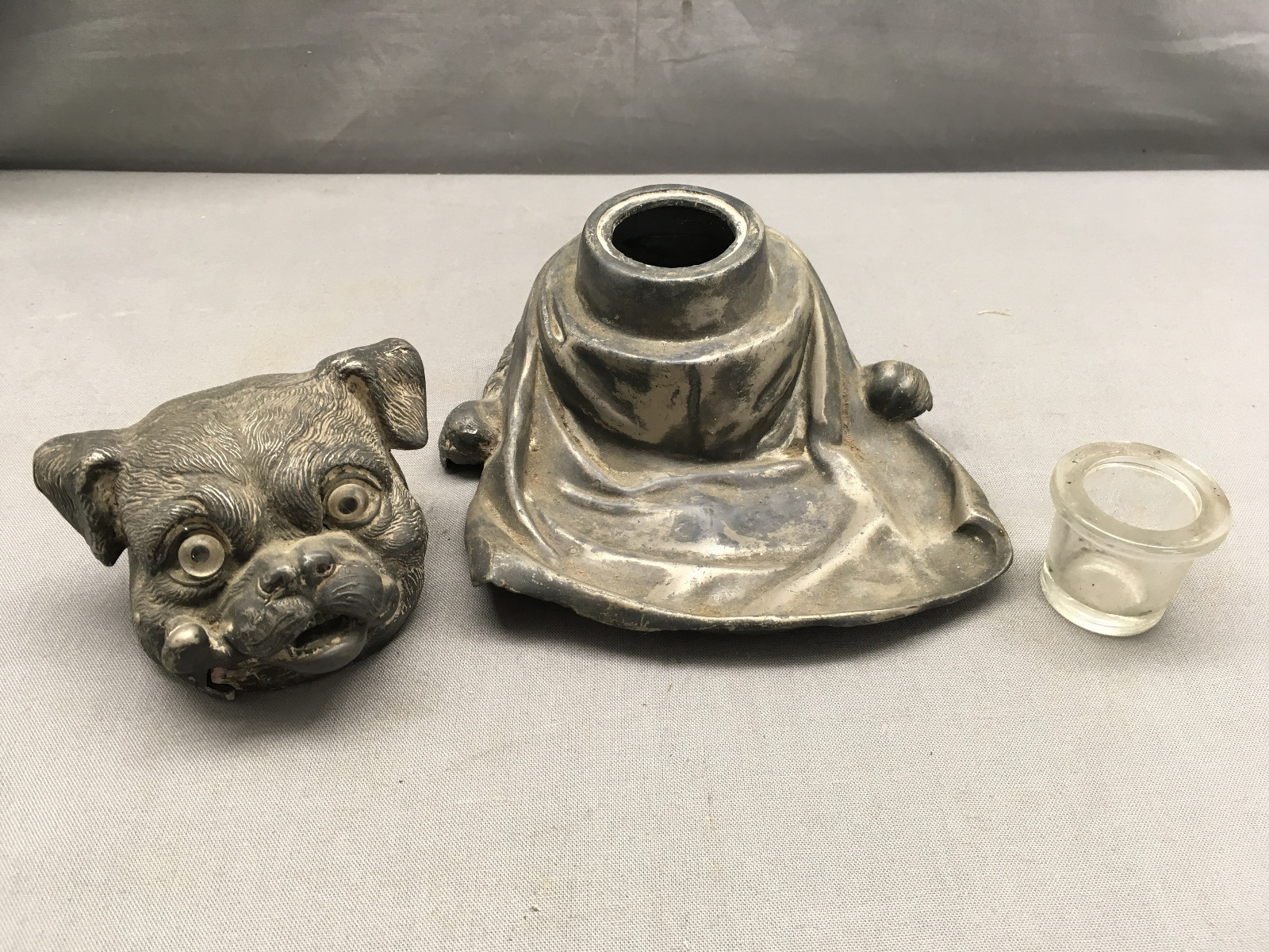 Vintage Figural Inkwell Cast Metal Bulldog w/ Pipe Wiggly Eyes JB 683