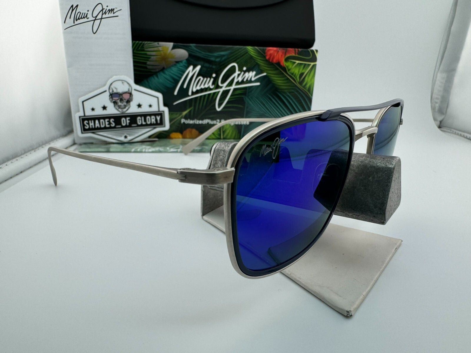 Pre-owned Maui Jim Following Seas Mj 555-17m Silver Blue Hawaii Polarized Sunglasses