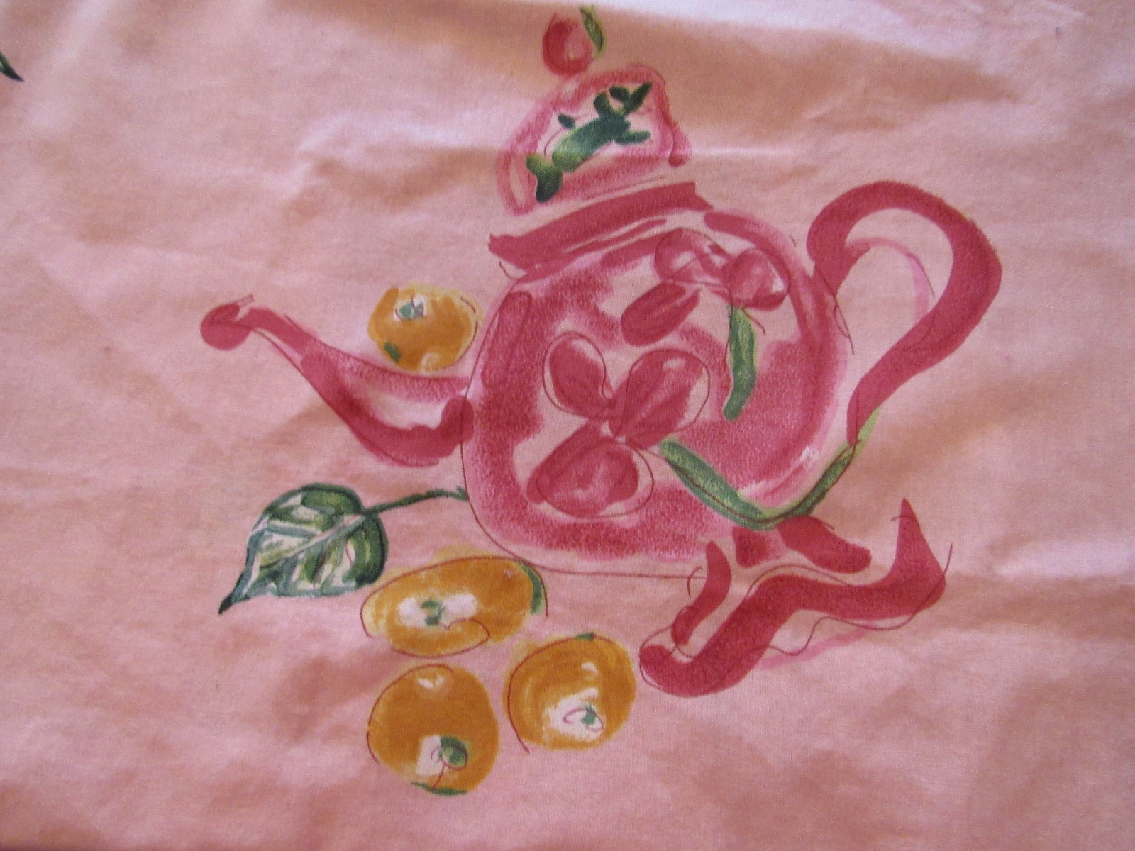 APRIL CORNELL 100% COTTON TABLECLOTH PEACH FUSHIA TEAPOTS INDIA 54X54