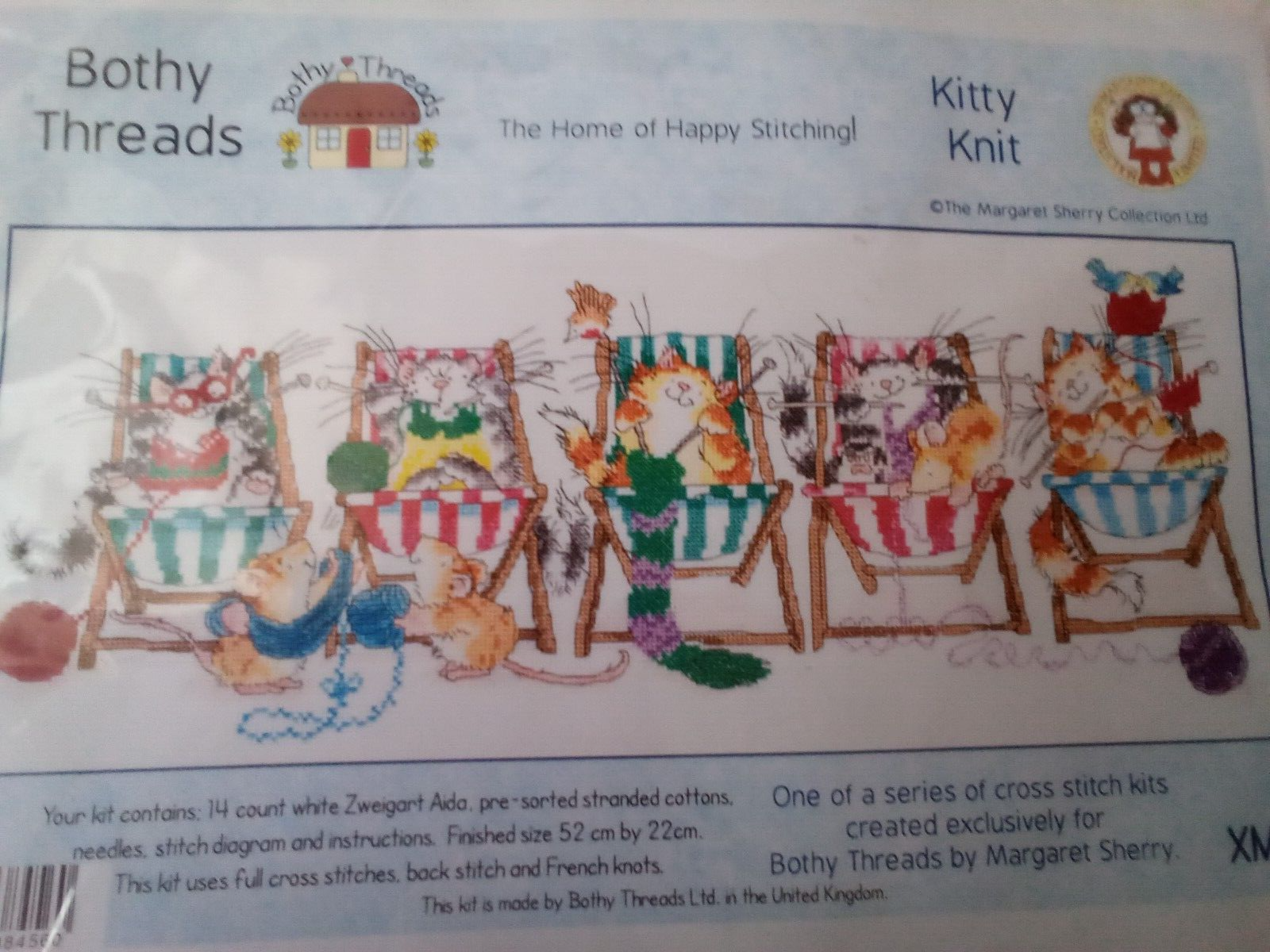 Counted cross stitch, Bothy, "Kitty Knit", 14ct Zweigart Aida