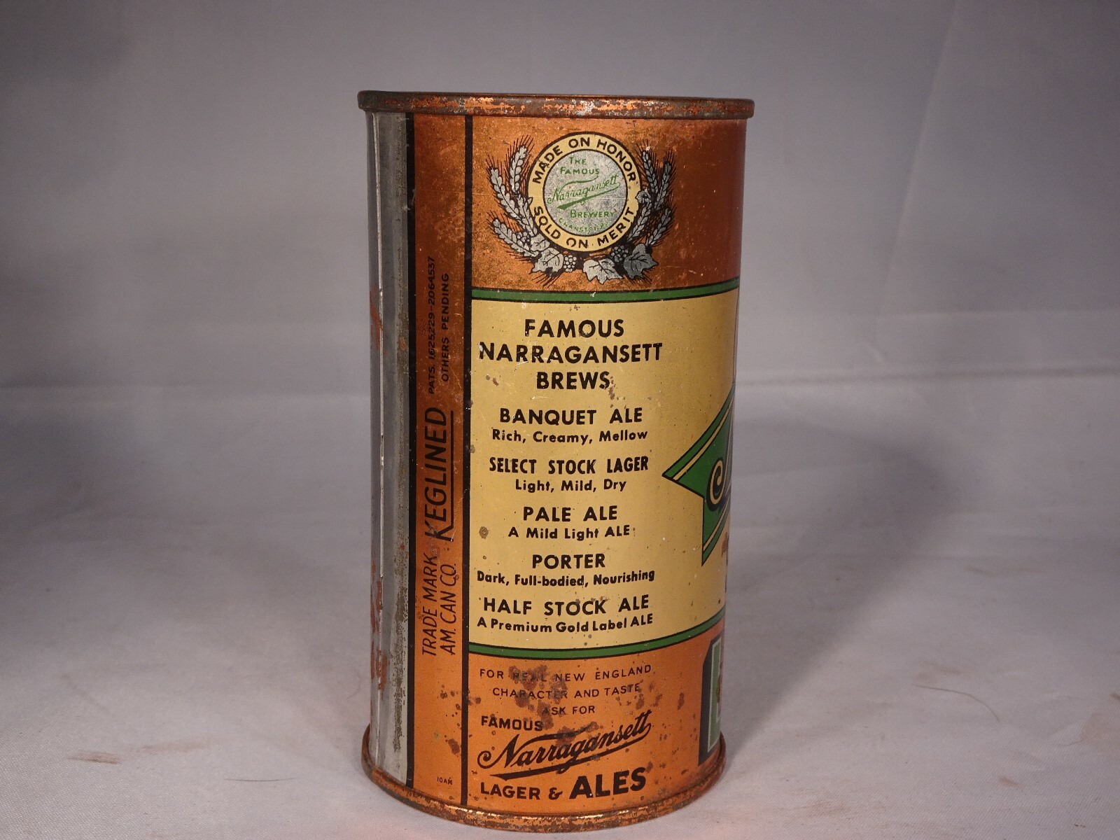 NARRAGANSETT SELECT STOCK LAGER - EARLY 1940'S 12OZ - FLAT TOP CAN - CRANSTON