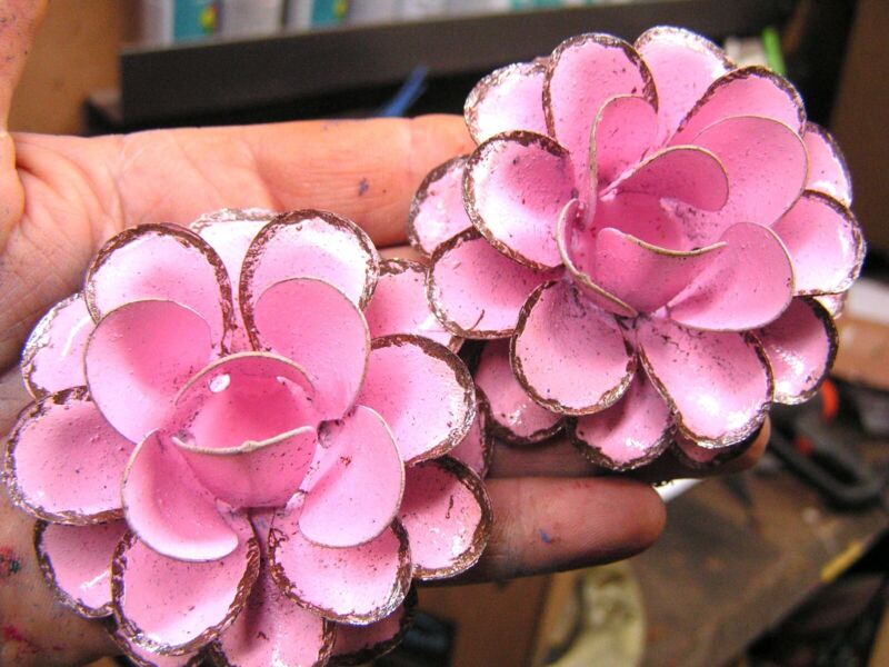 TWO Large metal  distressed Pink Roses, flowers for crafts, jewelry