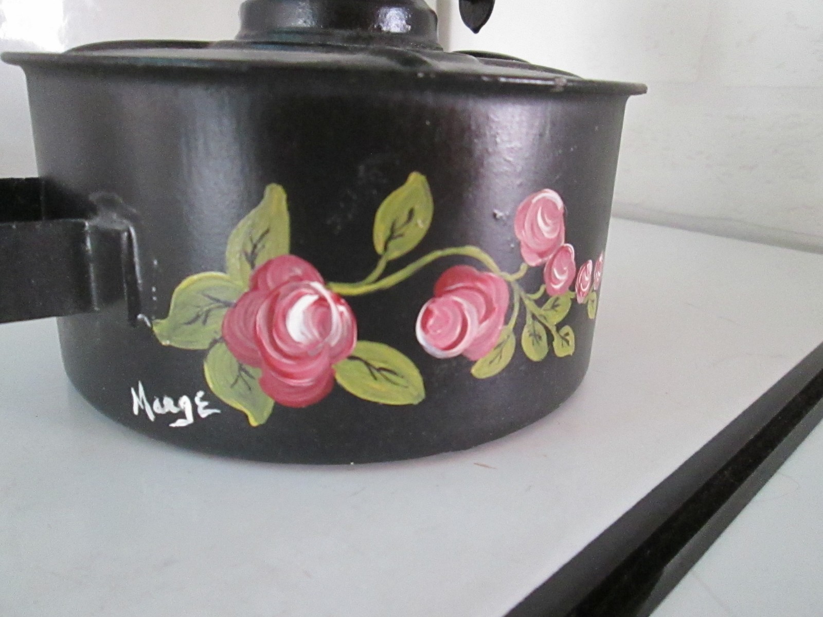 Vintage Kerosene Lantern Black Metal Toleware Painted  w/ Glass Chimney