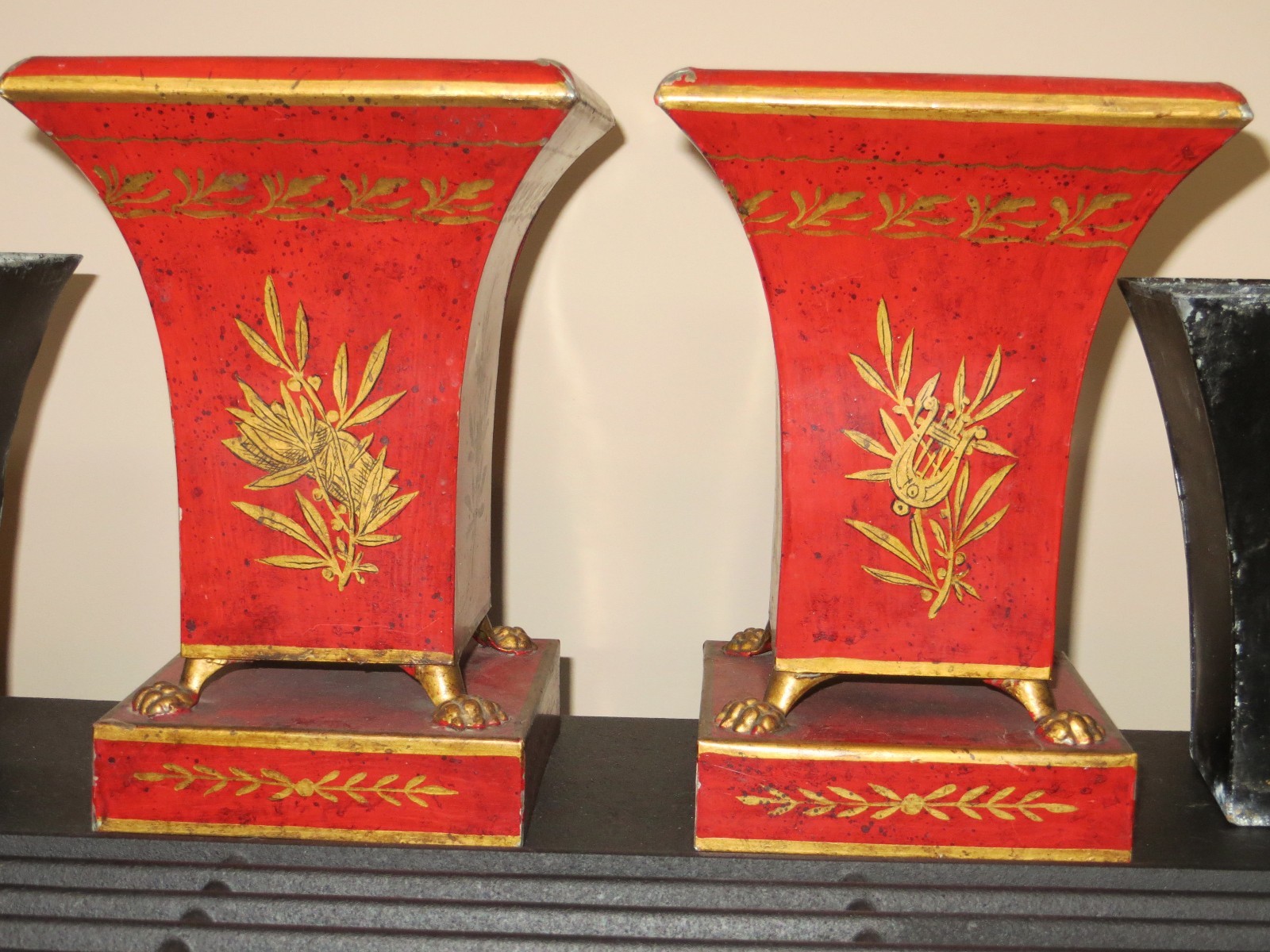 RARE Vintage Toleware Red & Gold Urns with Inserts  Italian or French?$$LOWERED