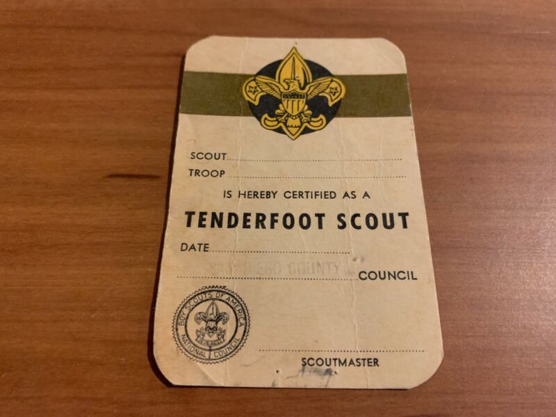 BSA, 1950’s Tenderfoot Scout Rank Card, San Diego County Council