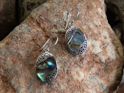 Handcrafted Abalone Sterling Silver 925 Filigree Earrings French Wire NEW N69