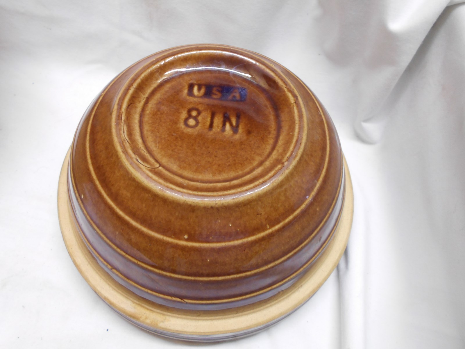 vintage brown crock mixing bowl USA 8 In. banded