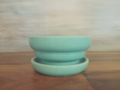 VTG McCoy Pottery Blue Flowerpot with attached saucer 5''X3'' SIGNED.   READ