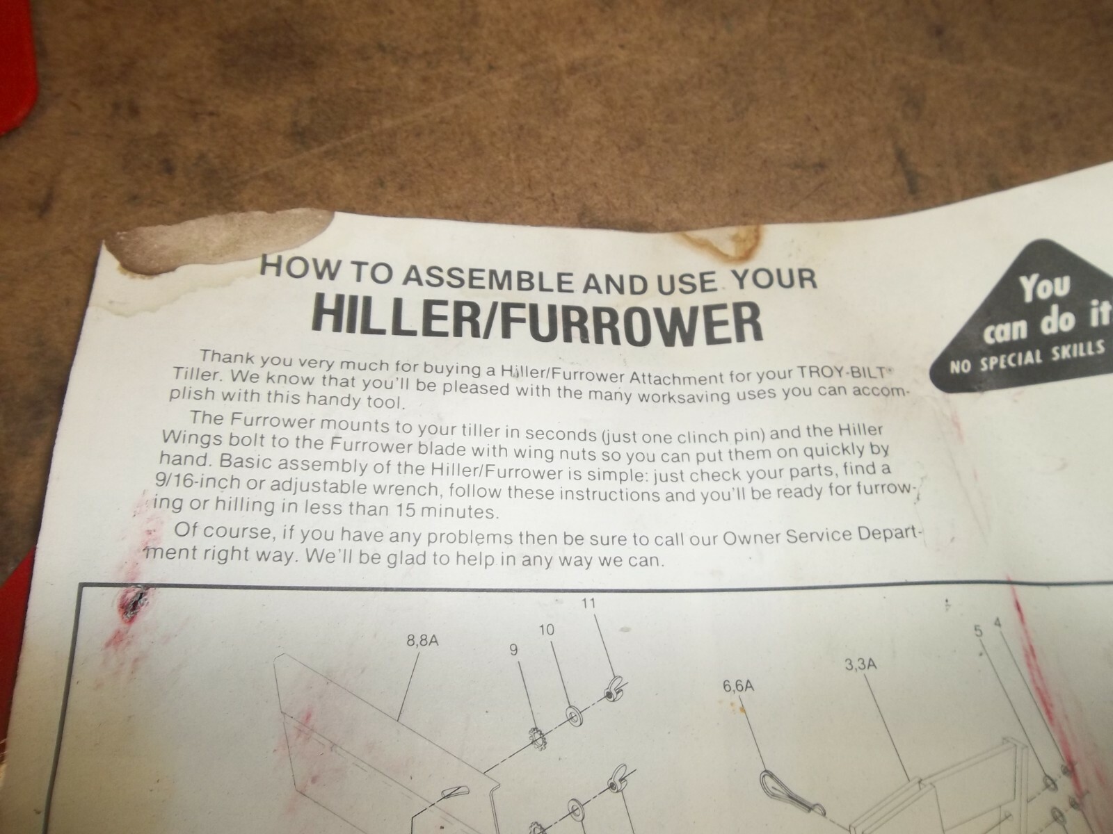 Troy-Bilt Hiller Furrower Attachment for Pony , Econo-Horse Tiller Models NOS