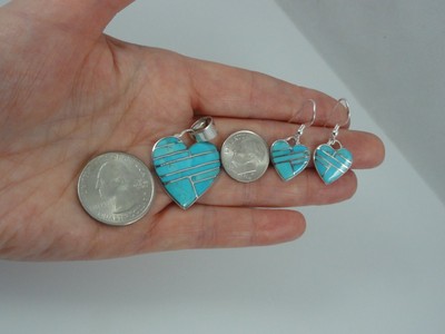 Sterling Silver Turquoise Inlay Heart Earrings & Pendant Set New