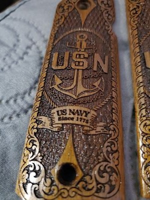 1911 custom 3D engraved walnut wood grips Scroll US Navy USN
