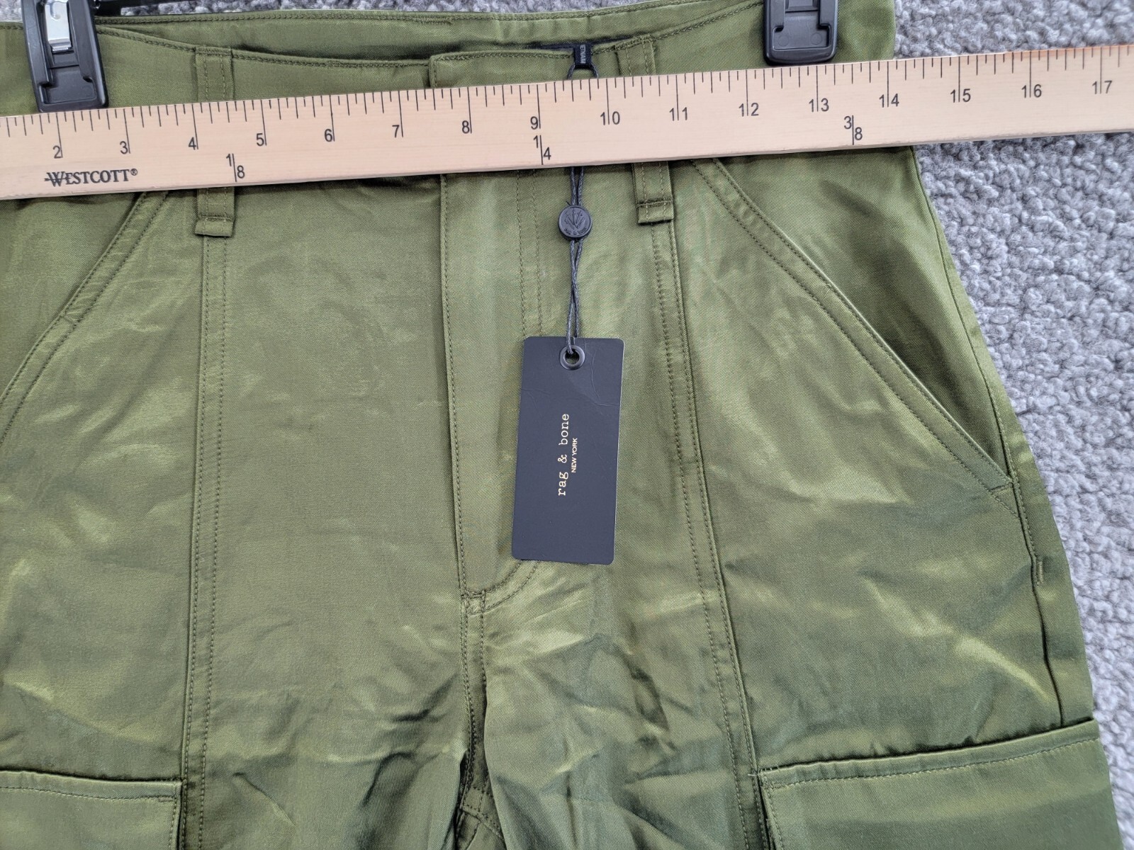 rag & bone Cailyn Satin Cargo Pants Women's 23 Army Green Straight Button Zip - Picture 5 of 18