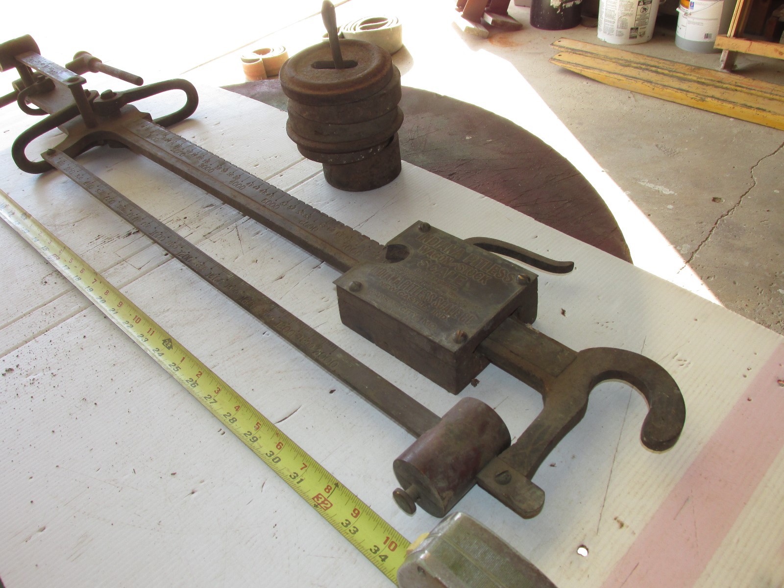 OLD ANTIQUE BRASS INDIANA PITLESS WAGON & LIVESTOCK SCALE & CAST IRON WEIGHTS