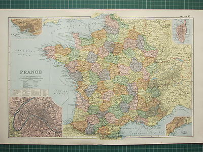1900 LARGE VICTORIAN MAP ~ FRANCE ~ INSET PARIS CITY PLAN