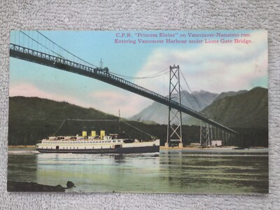 Princess Elaine Ship Vancouver Harbour Lions Gate Bridge Linen Postcard 1940s