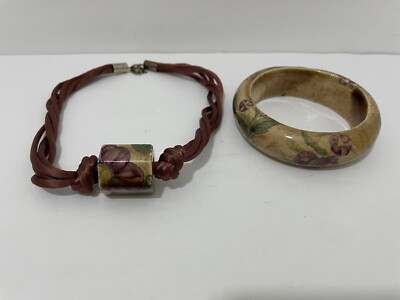 VTG Handcrafted Floral Hexagon Choker & Bangle Bracelet Bohemian Beauty 