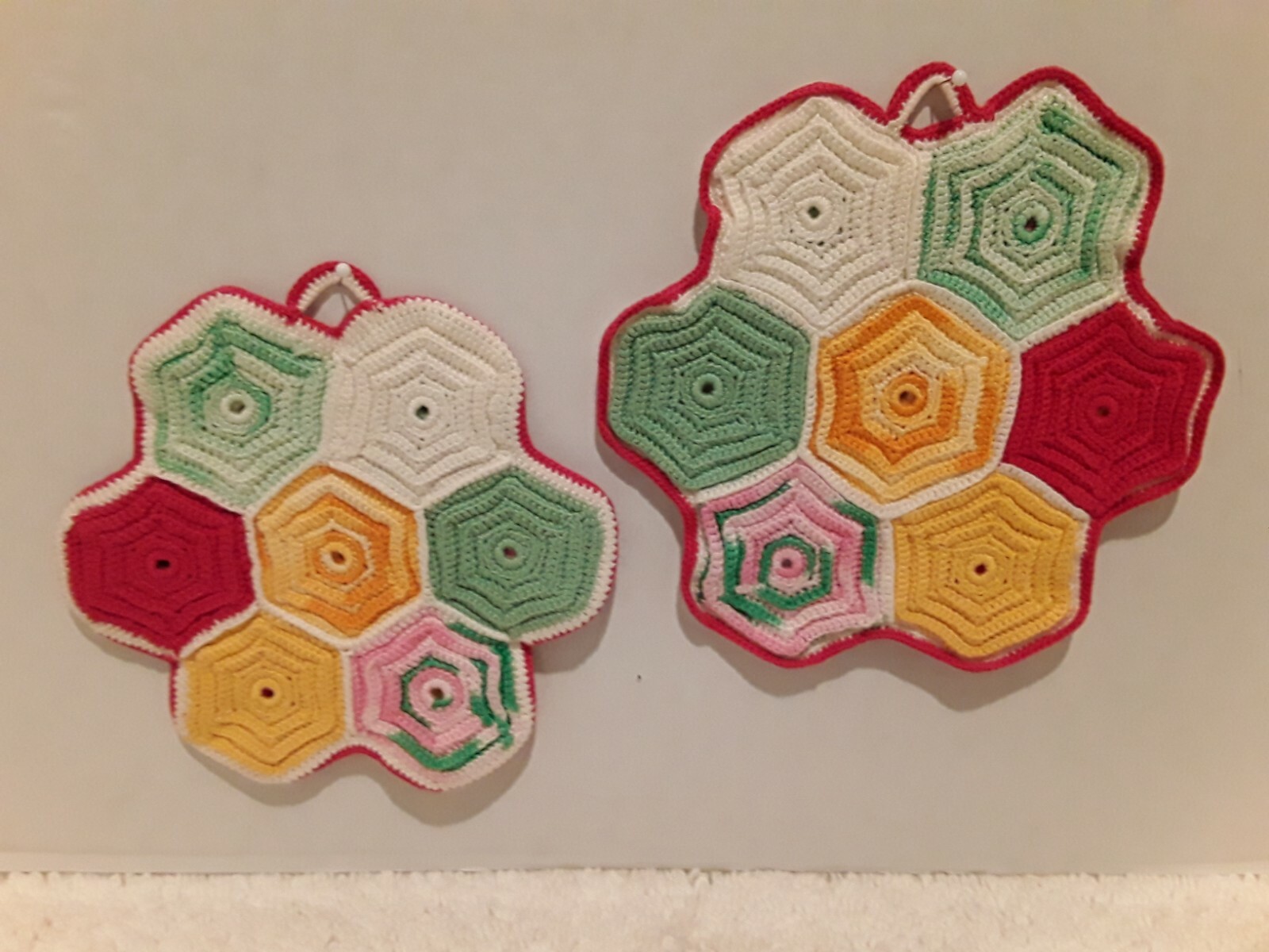 Vintage Hand Made Crochet  Potholders Set Of Two Multi-color pastels