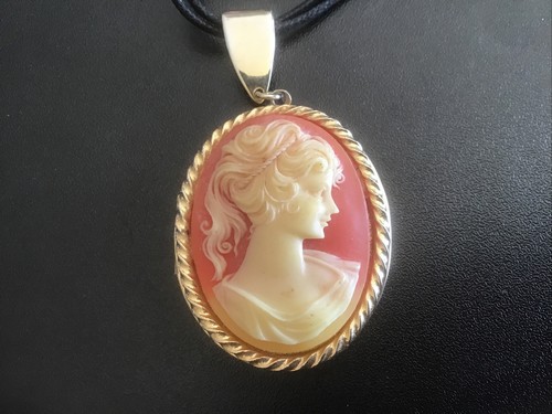 Large Gold Tone Pink Cameo Locket Necklace | EBG