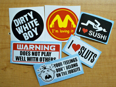 6-pack Funny Hard Hat Stickers | Dirty White Boy Loving It Sushi Sarcastic Decal