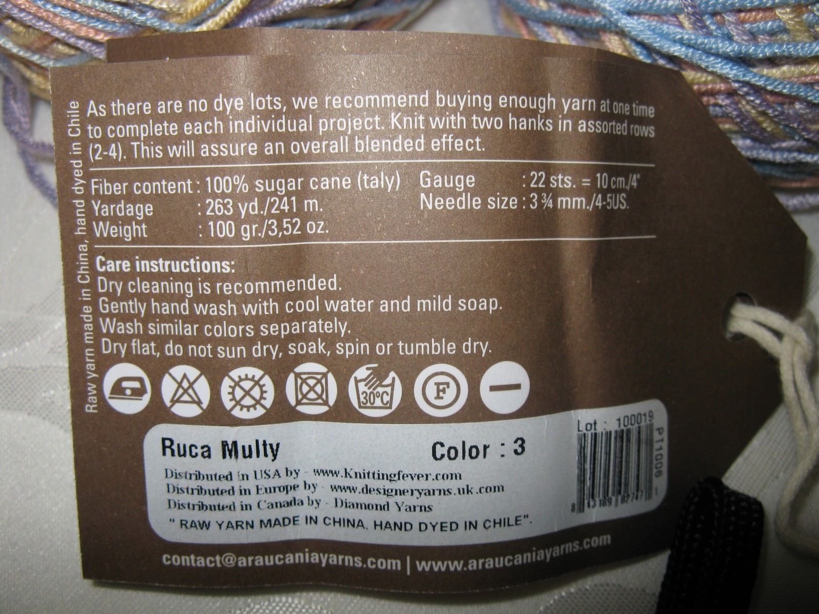 2 Balls Araucania Ruca Multy Color #3,Made from Sugar Cane,Dyed in Chile 263 yd