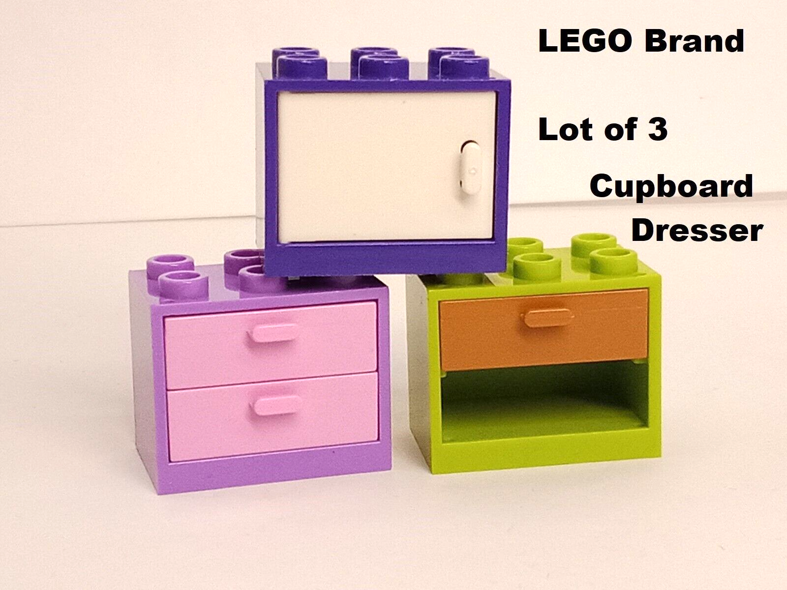 LEGO Dresser Cupboard Furniture Set of 3 Drawers Door Brown Purple Pink  Green