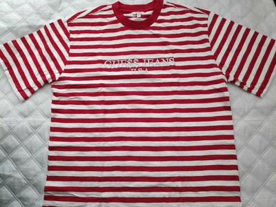red and white guess t shirt