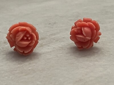Vintage Signed KIM Salmon Colored Rose Stud Pierced Earrings 