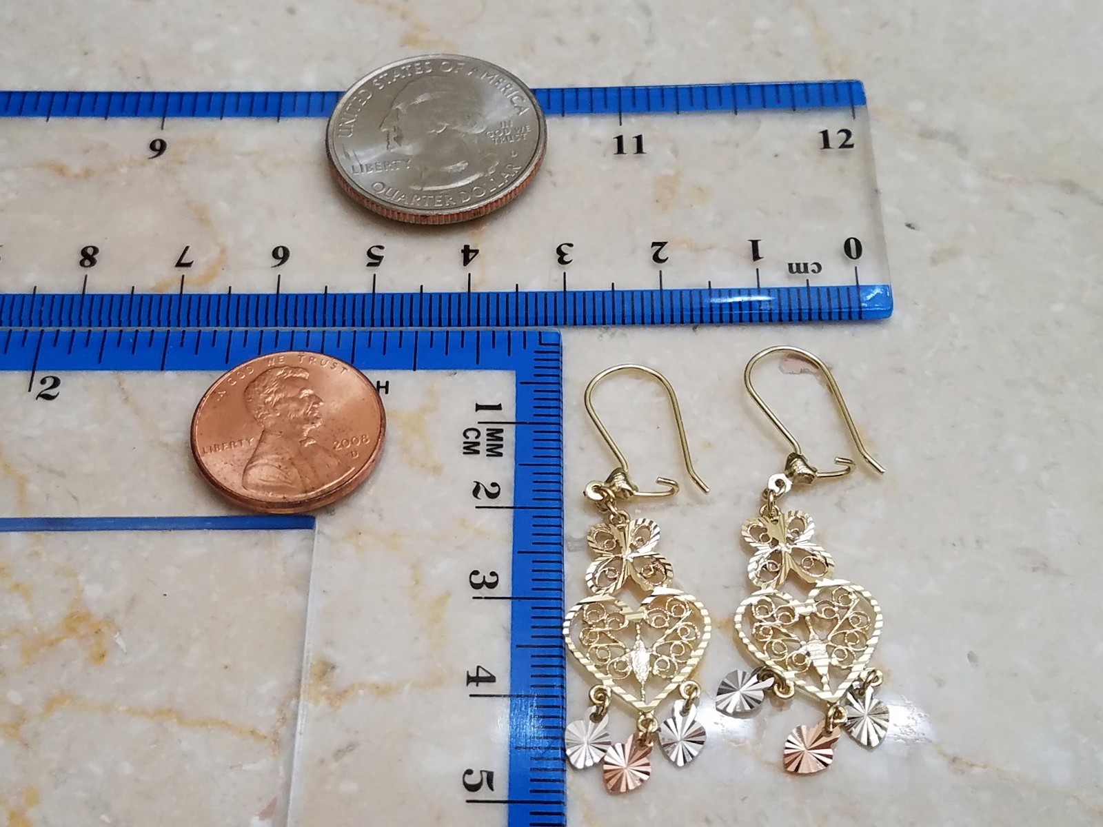 Pre-owned Handmade Gold Chandelier 14k Earring Filigree Heart Butterfly Gypsy Drop Dangle Long In Multicolor