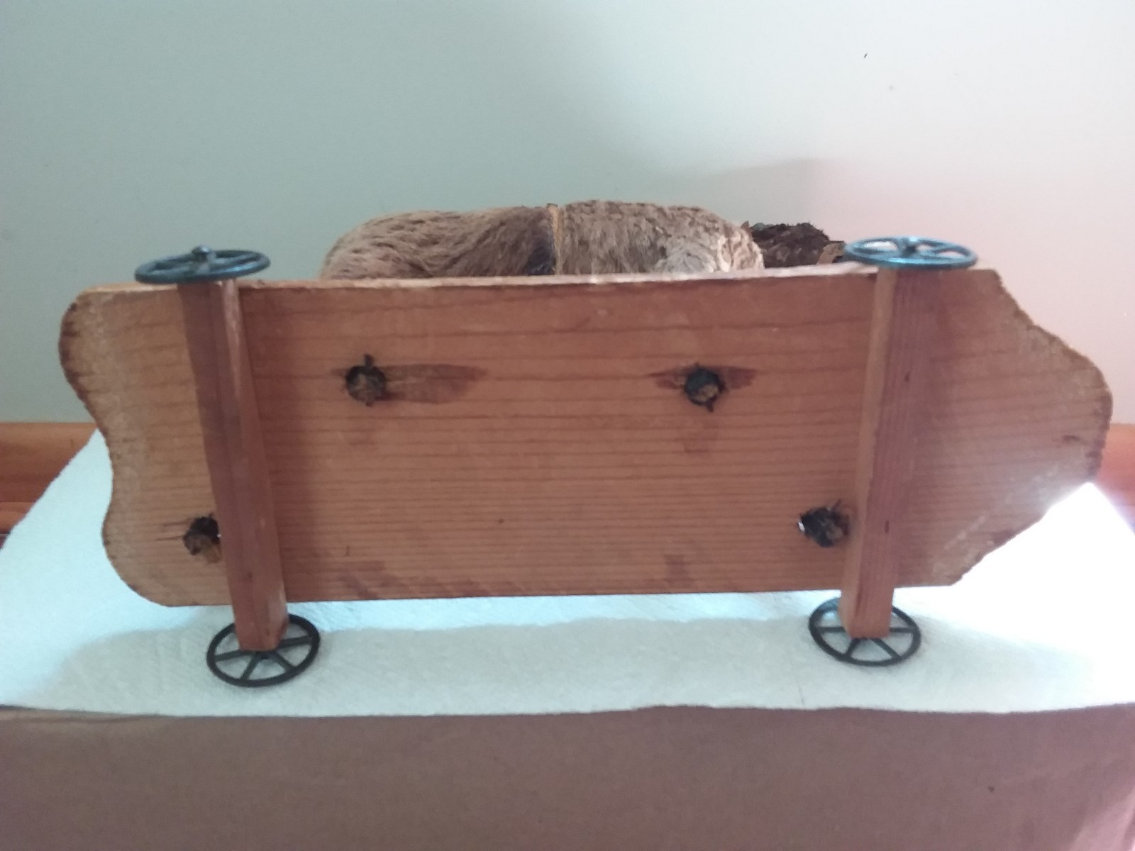 horse pull toy, German , wooden base w/all 4 wheels, fur, horse hair mane & tail