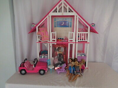 Barbie Malibu Glam Beach California Dream House Playset + Dolls Furniture + Jeep