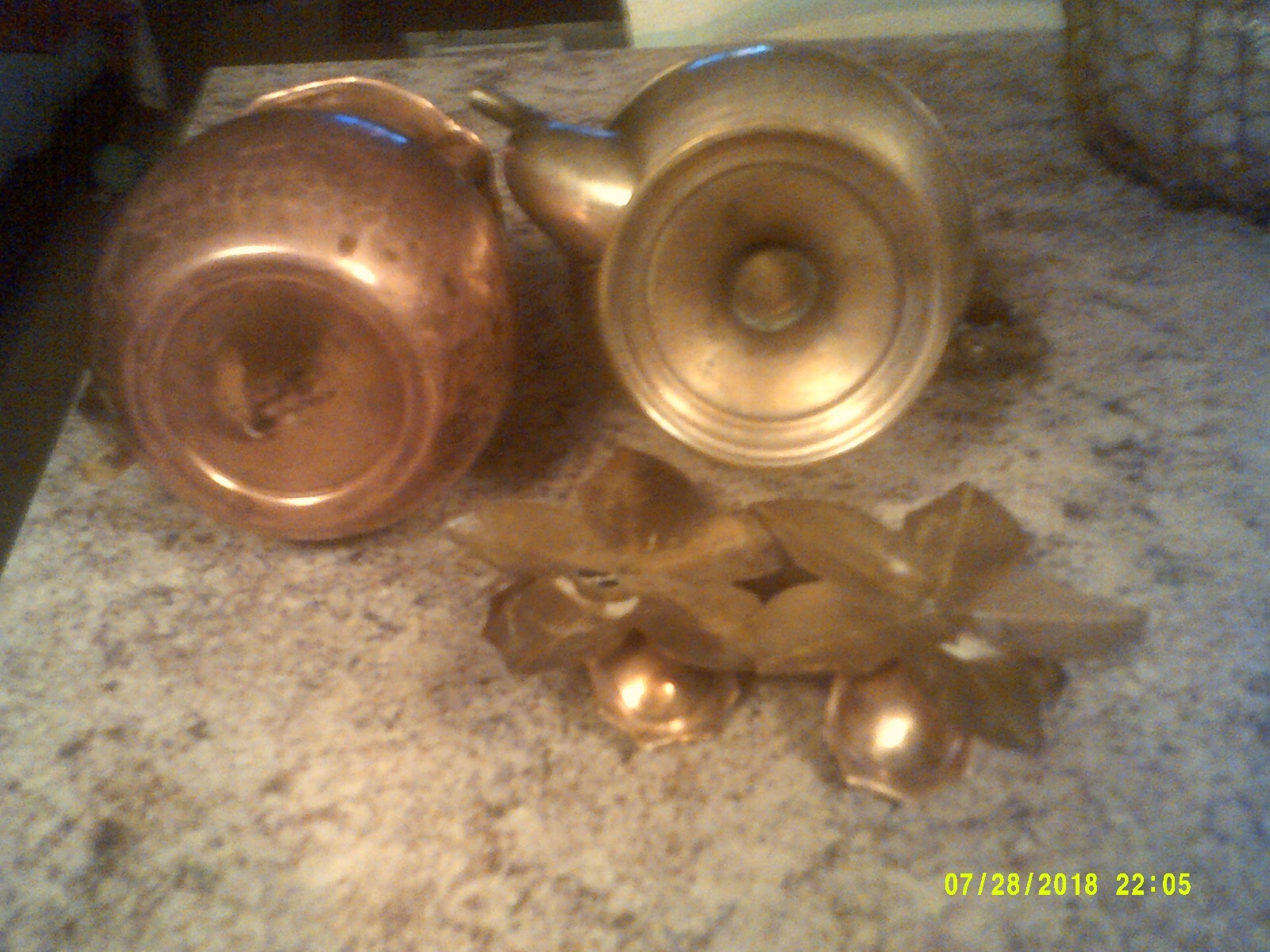 5 Brass pieces/Tea Pt,Pitcher and 2 Candle Stick Holders also Bowl with handle