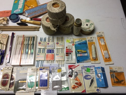 Old CROCHET KNIT SEW NEEDLES THREADS WOODEN BOBBIN BUTTONS PLUS MUCH MORE LOT