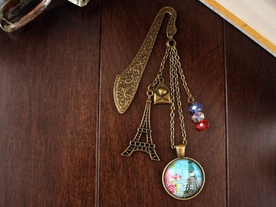Antique Gold Finish Paris Bookmark Cabochon Eiffel Tower, Love Letter, Swarovski