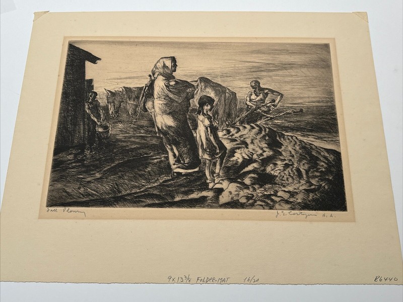 JOHN COSTIGAN ETCHING FALL PLOWING WPA FARMING FARMER FARM PEOPLE
