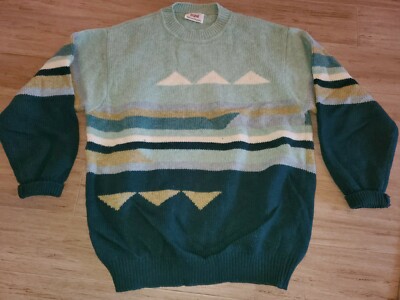 VTG SISLEY Italy Relaxed Elegance Pure Wool Warm Chunky Knit geometric Sweater